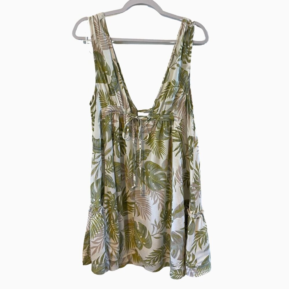 OCEAN DRIVE Green White tropical leaf print Mini Cover up Dress Beach L Raw hem